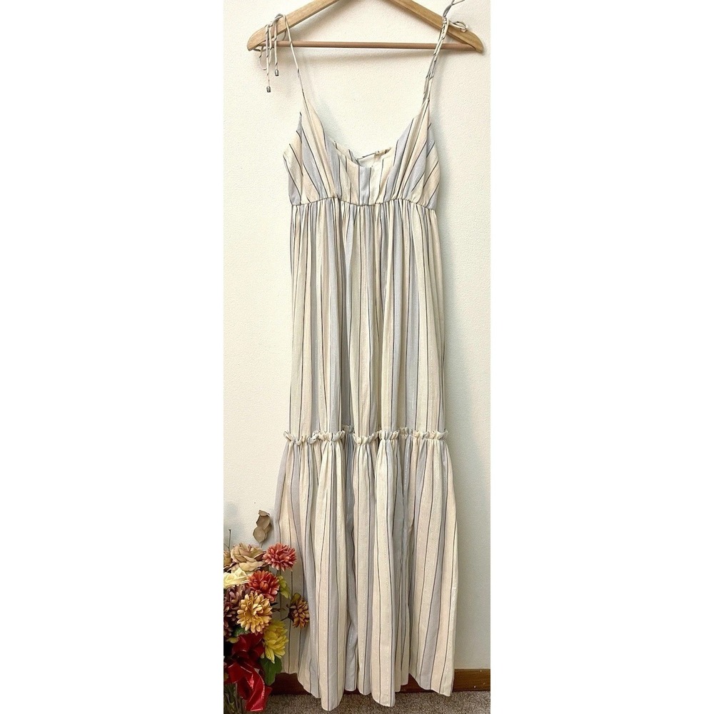 ZIMMERMANN Tiered Maxi Dress Cotton Tie Strap Natural Blue Metallic Stripe S - Picture 3 of 16
